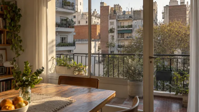 Living comedor con ventanal al balcón y vista a la calle arbolada